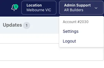 The E1 account menu expanded, showing "Account #2030" above the Settings and Logout options.